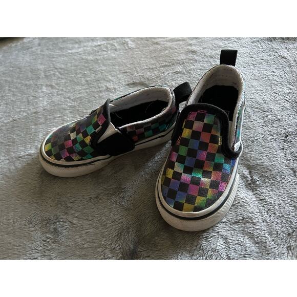 Vans Slip-On Shoes Girls Size 6 Iridescent/Black Checkerboard US Toddler - Picture 4 of 11